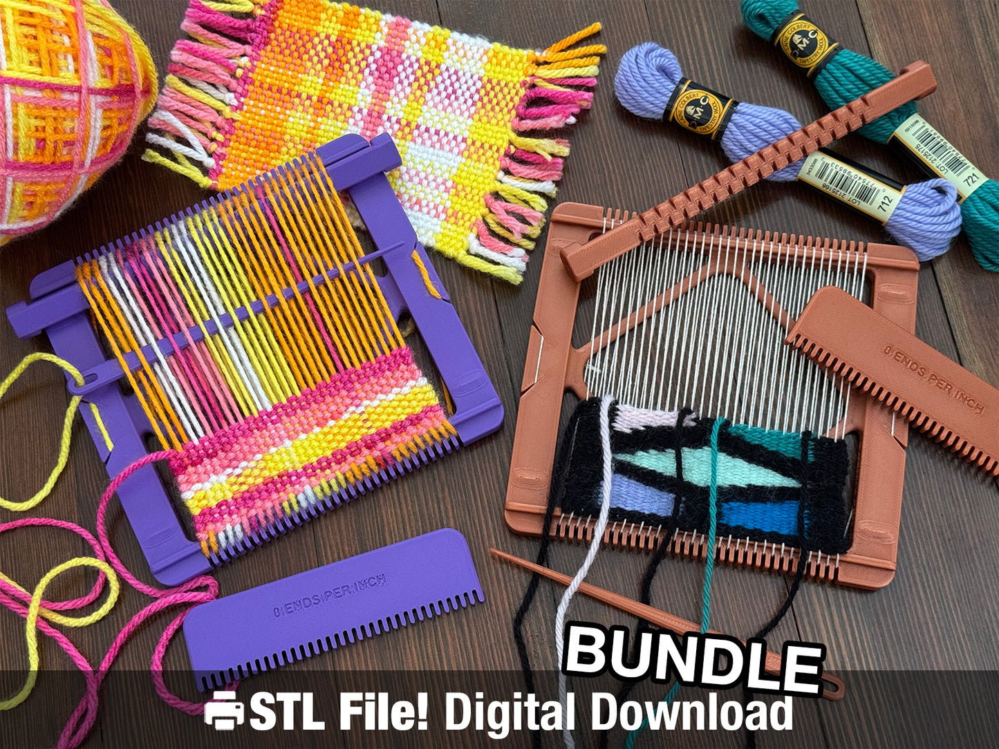 Pocket Loom Weaving Kit 4"x4" 8-dent STL Bundle